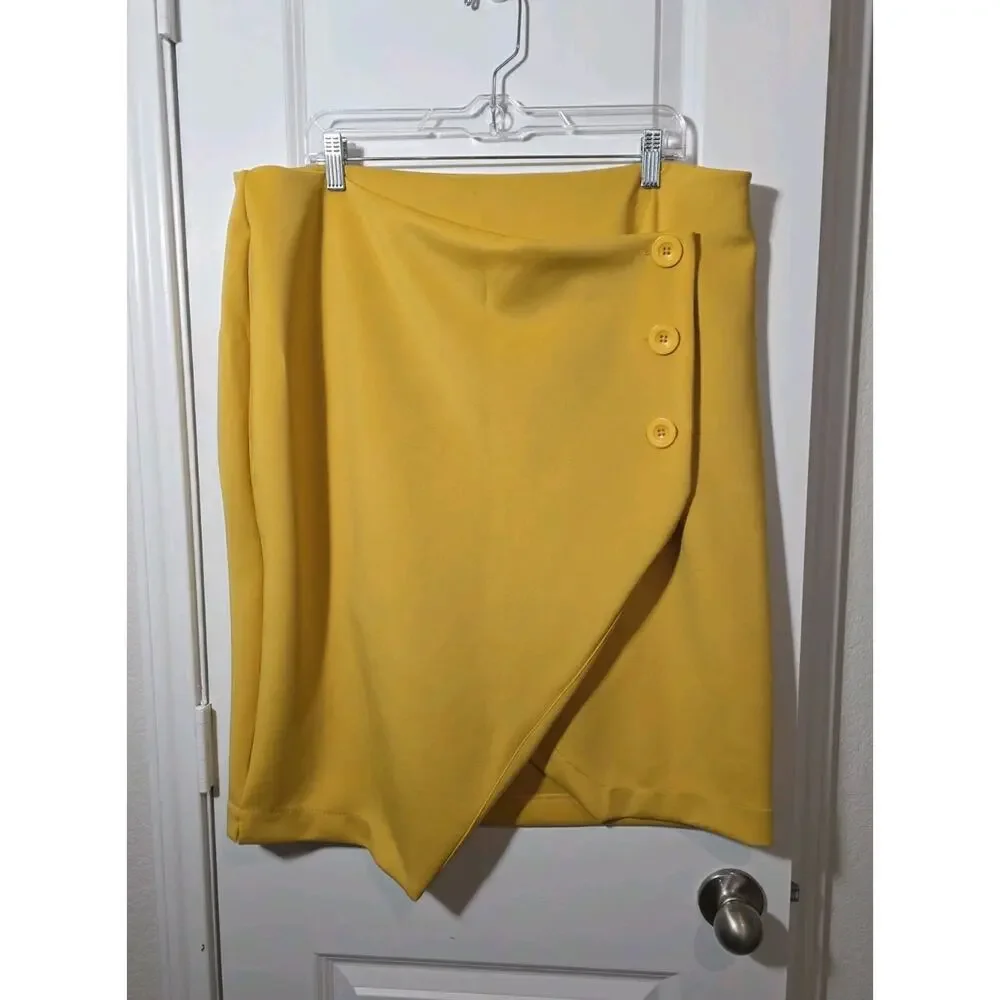 Faux Wrap Pencil Skirt Womens XL Yellow Button Detail Asymmetrical Est 1946 - Picture 2 of 11